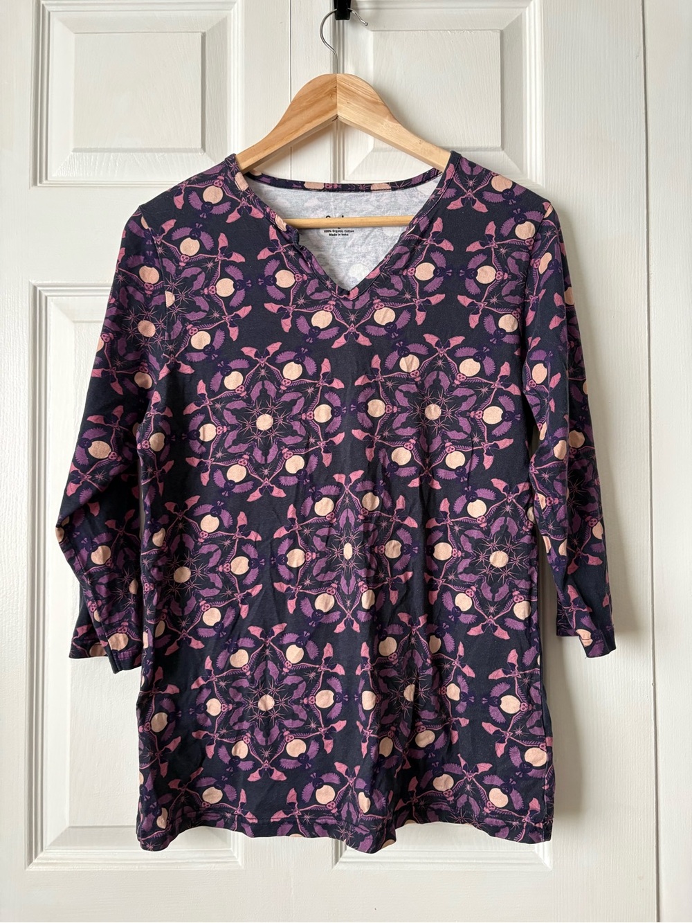 V-Neck Floral Owl Medallion Tunic - Navy & Pink